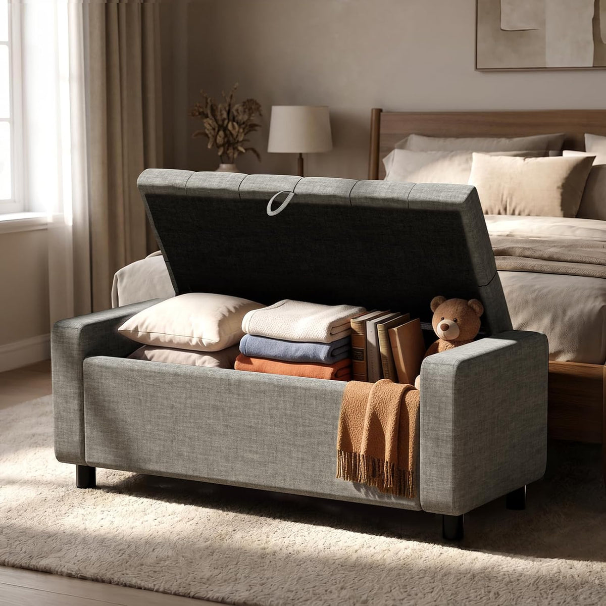 46" Storage Ottoman Bench, 30Gal Linen Tufted, End of Bed Bench