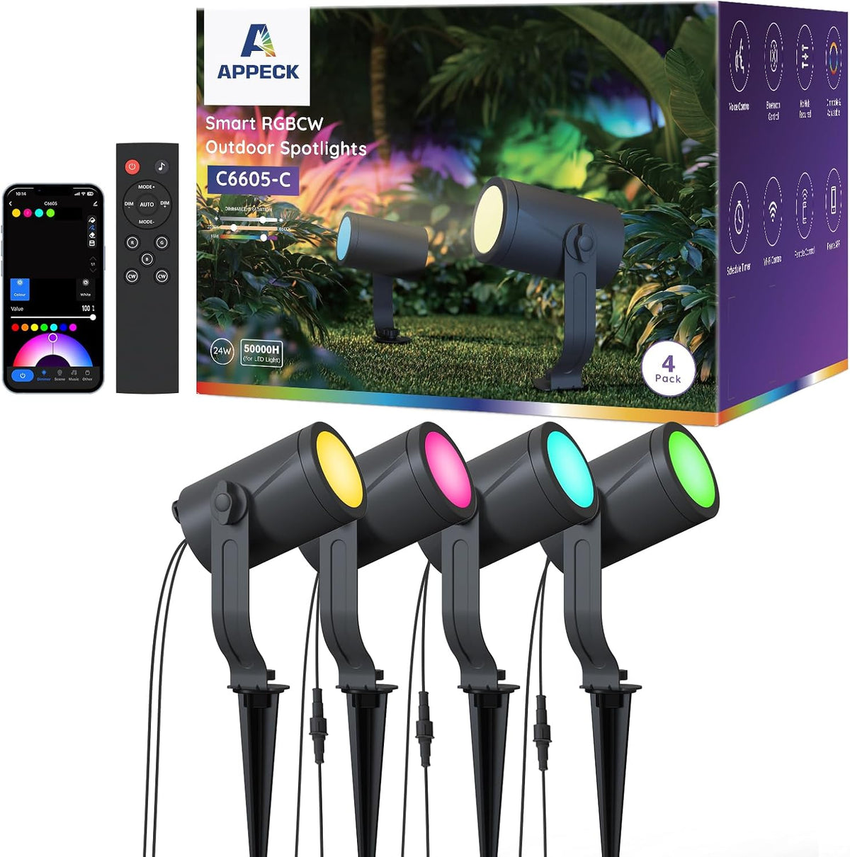 APPECK Smart Outdoor Spot Lights 24W, RGBCW Color Changing Landscape Lights 4 (4 Pack)