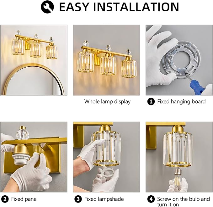FDPBY Bathroom Vanity Lights 3-Light Gold Modern Crystal Vanity Light Fixtures