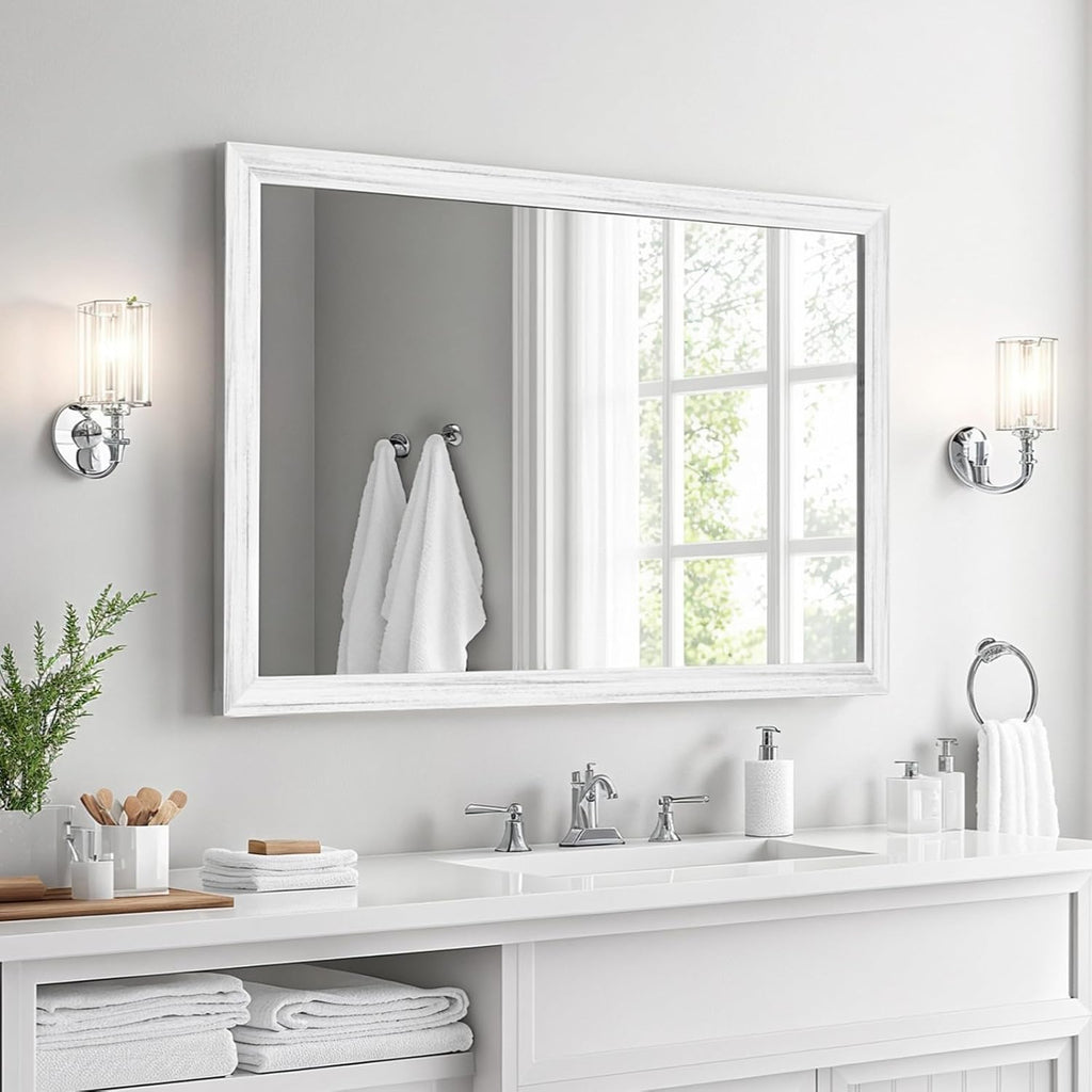 White Wood Effect Framed Wall Mirror, 24x36 Rectangle Mirror, Anti-desilvering