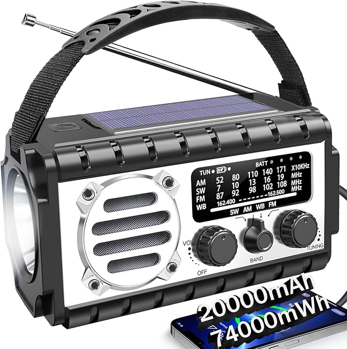 QAUYYW Emergency Radio, 20000mAh/74000mWh Weather Radio, Solar Hand Crank Radio