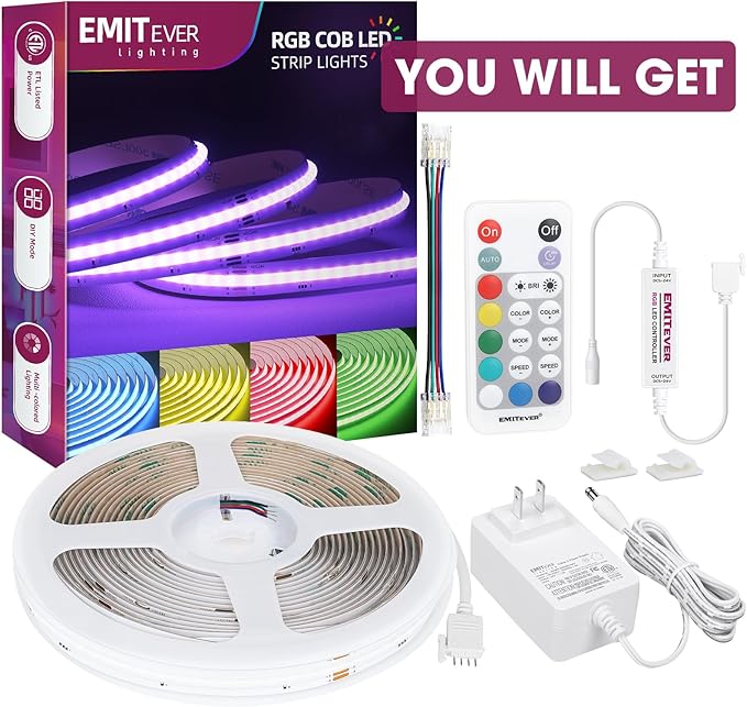 EMITEVER RGB LED Strip Light 16.4ft, Dimmable COB 24V Flexible LED Color
