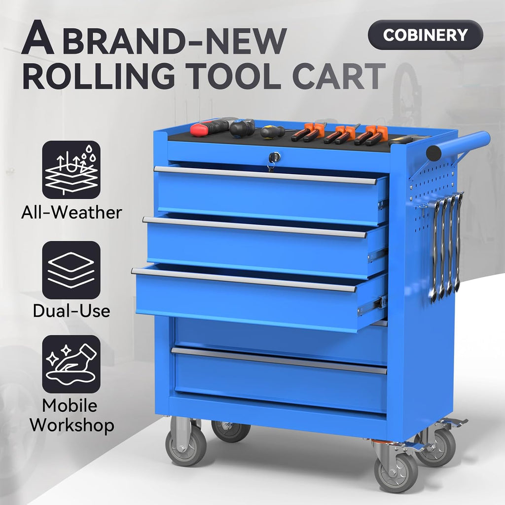 5-Drawer Rolling Tool Chest with Wheels, Metal Tool Storage Cabinet with Lock&Keys and Swivel, Toolbox with drawers, Tool Box for Warehouse,Garage, Repair Shop, Workshop (Blue, 5-Drawer)