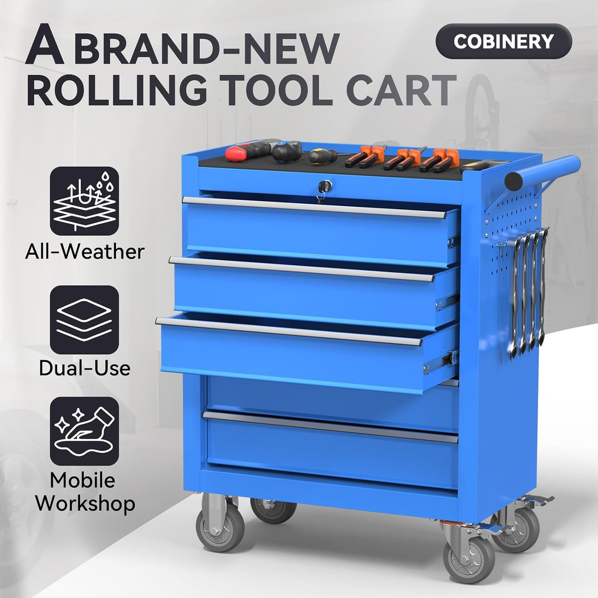 5-Drawer Rolling Tool Chest with Wheels, Metal Tool Storage Cabinet with Lock&Keys and Swivel, Toolbox with drawers, Tool Box for Warehouse,Garage, Repair Shop, Workshop (Blue, 5-Drawer)