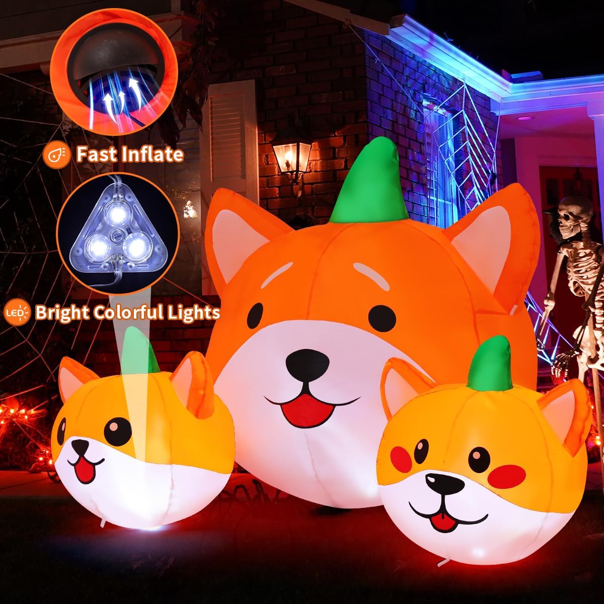 GOOSH 5 FT Long Halloween Inflatables Pumpkin Dog Outdoor Decorations Blow Up Yard Dog Head Combo Decoration with Built-in LEDs for Indoor Party Garden Lawn Holiday Decor