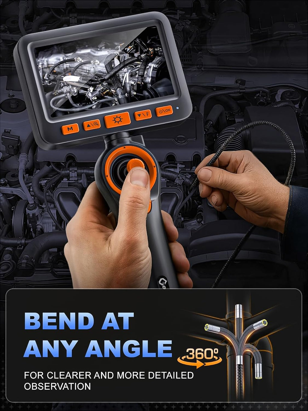 360°articulating borescope camera - 5" hd 1080p inspection shown in use