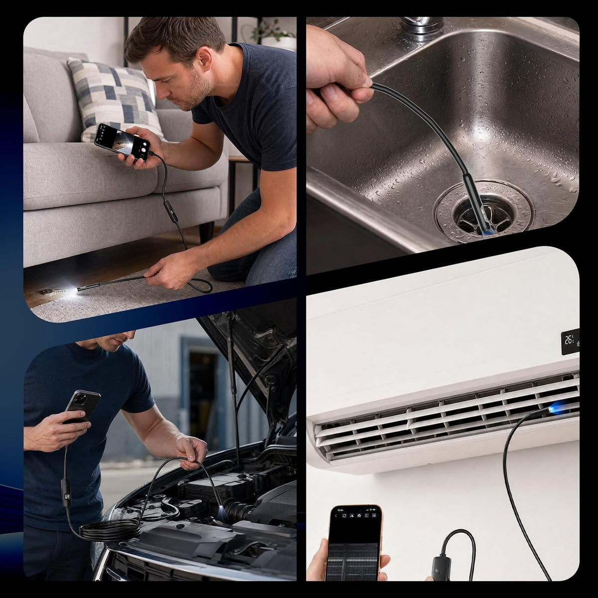 dual-lens endoscope camera with light,1920p hd borescope inspection on a desk or shelf