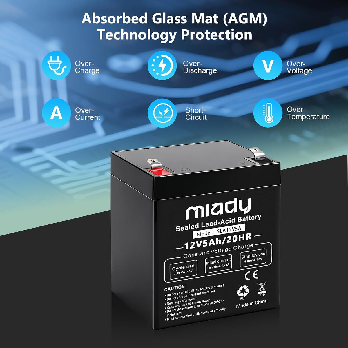 miady 12v 5ah rechargeable sealed lead acid battery on a desk or shelf