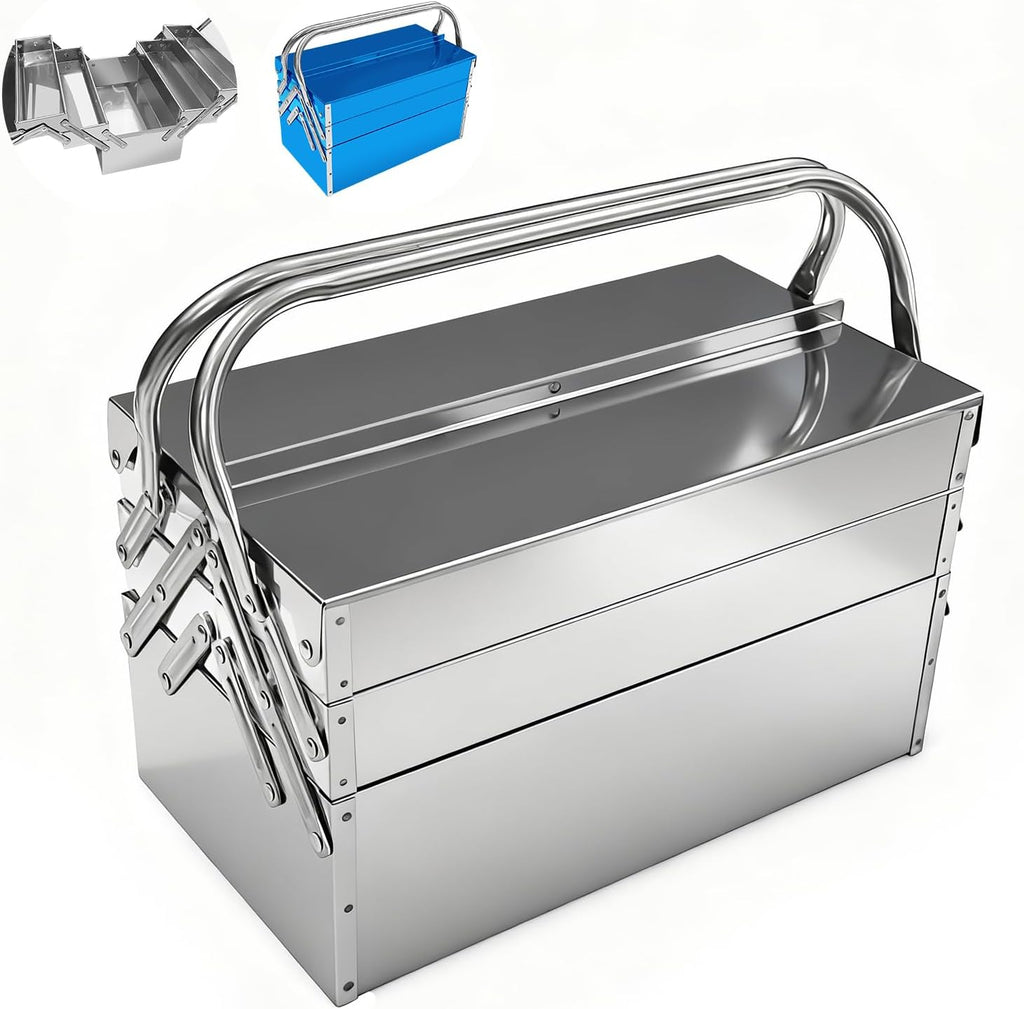 Metal Cantilever Tool Box, 3-Tier 5 Tray Fold Out Stainless Steel Tool Box with Handle, 14" Stack-able Portable Tool Storage Box Organizers Chest for Household Factory Warehouse Repair Shop
