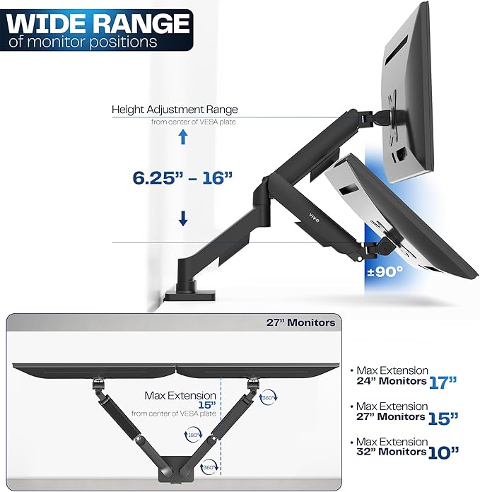 VIVO Dual Monitor up to 32 inches and 19.8 lbs per Screen, Pneumatic Arm Desk