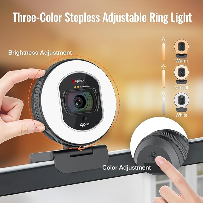 Angetube 4K Webcam with Light for PC: UHD 4K, TOF Auto Focus, Dual AI