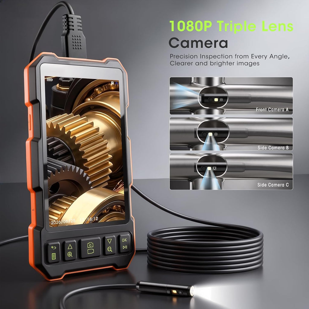 epicmate 50ft triple lens inspection camera,5”ips screen endoscope showing dimensions