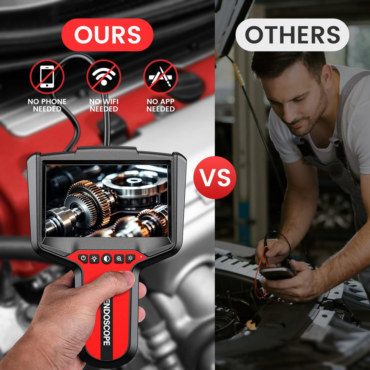 endoscope camera with light: 5" 1080p hd dual-lens showing dimensions