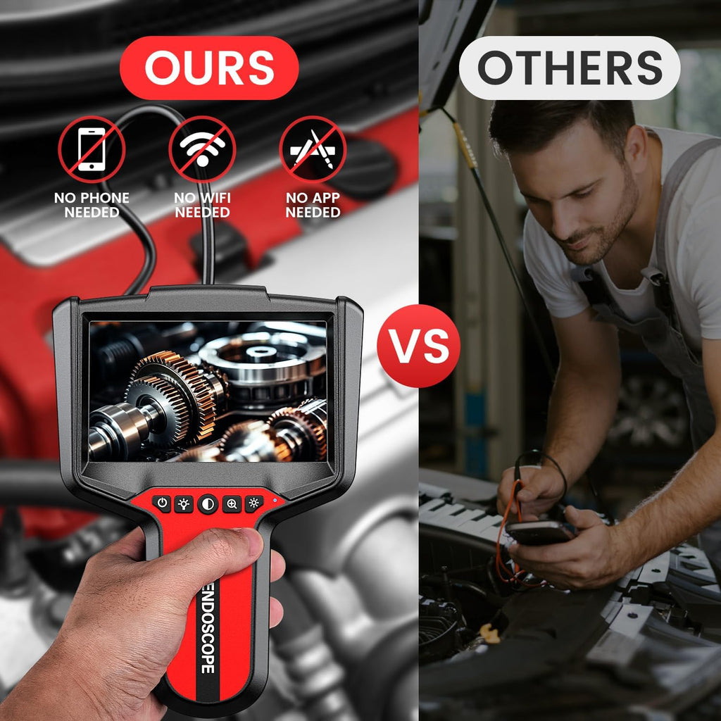 endoscope camera with light: 5" 1080p hd dual-lens showing dimensions