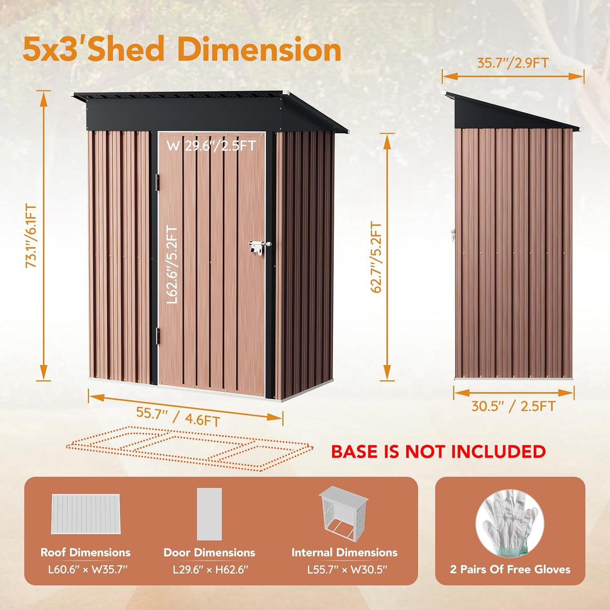 panovue 5x3x6.1ft garden storage shed (no wood panels&frame, side view