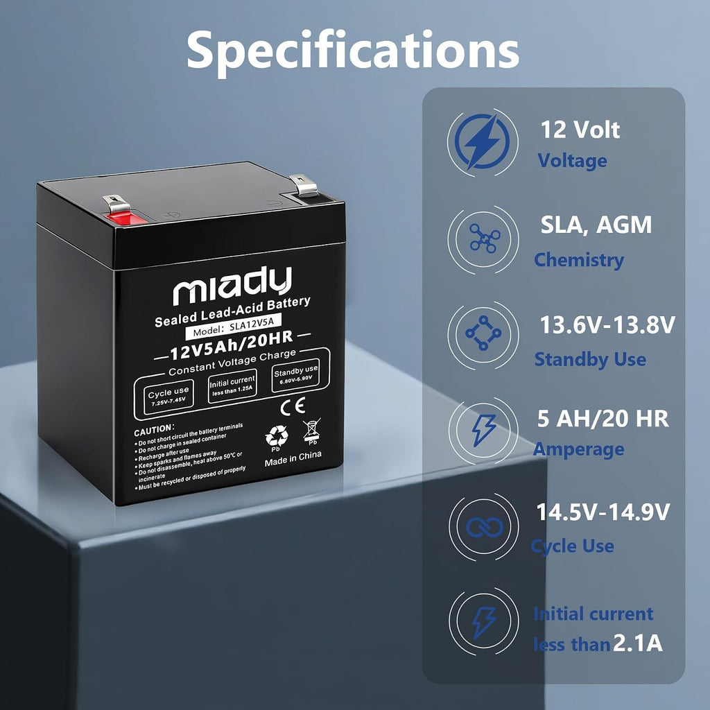miady 12v 5ah rechargeable sealed lead acid battery, close-up detail