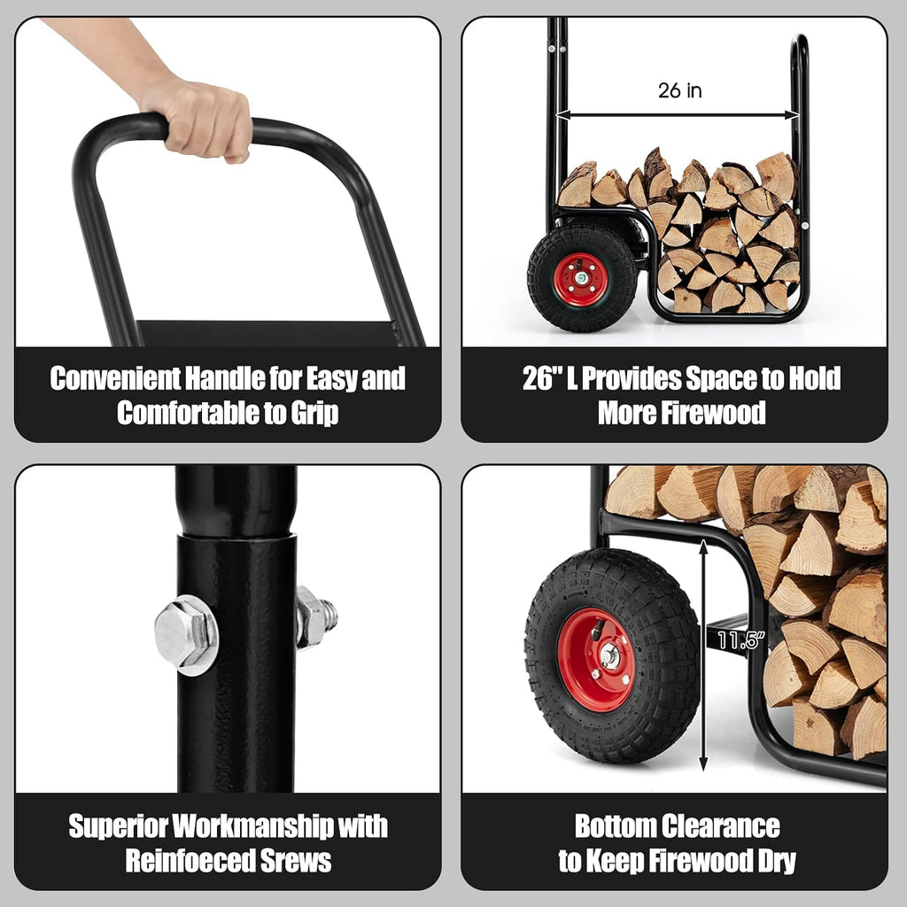 happygrill firewood cart with wheels, rolling fire wood showing dimensions