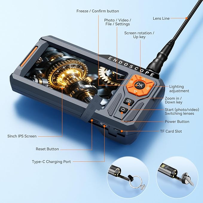 Triple Lens 5" IPS Borescope Inspection Camera, Ginocaco 1080P Digital Video