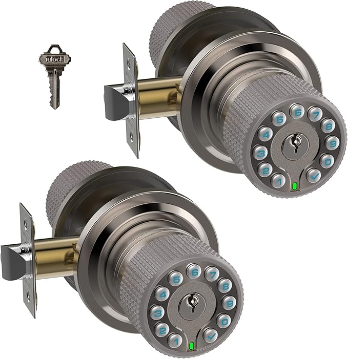 iulock Smart Door Knob with Keypad and Key, Keyless Entry Door Lock with Rubber (2 Pack)