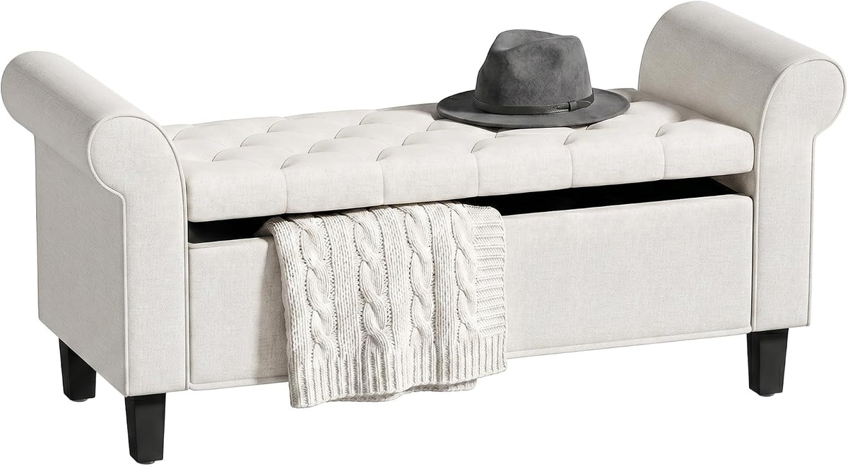HOMCOM 47" Storage Ottoman End of Bed Bench with Rolled Arms Cream White