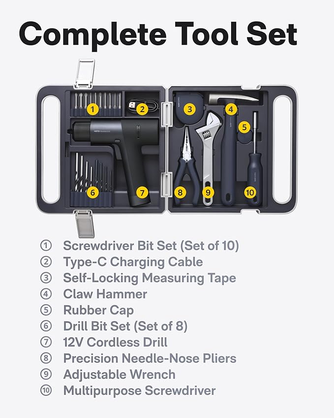 HOTO Cordless Brushless Drill Tool Set, Variable Speed, Hidden Buckle, Unique