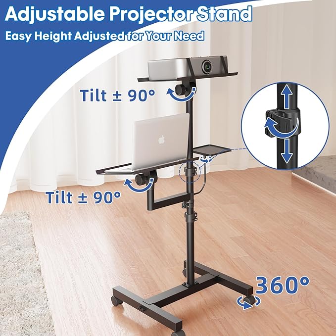 GSOW 2 Shelves Mobile Projector Stand, Rolling Laptop Stand Adjustable Height