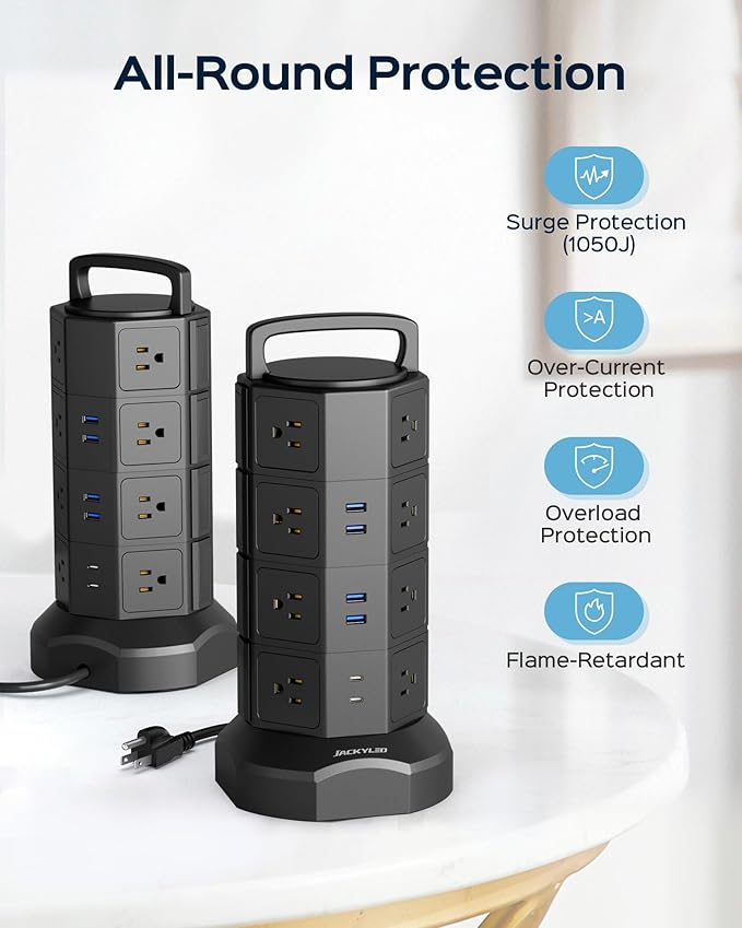 Power Strip Tower Surge Protector, JACKYLED 16 Outlets 6 USB Charging Station