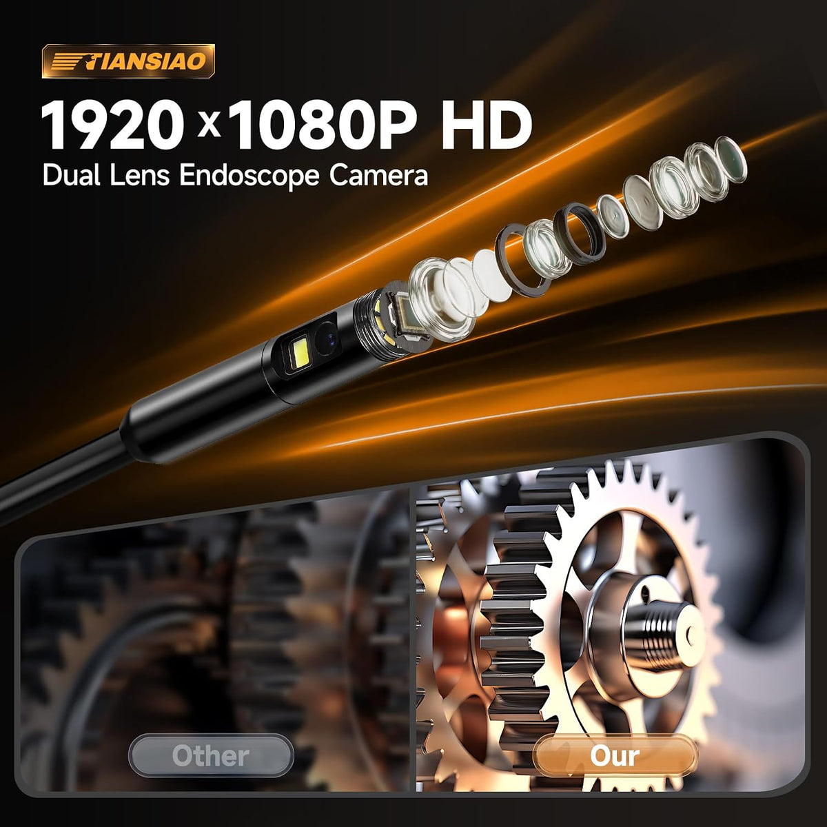 dual lens endoscope camera with light, 1920p hd shown in use