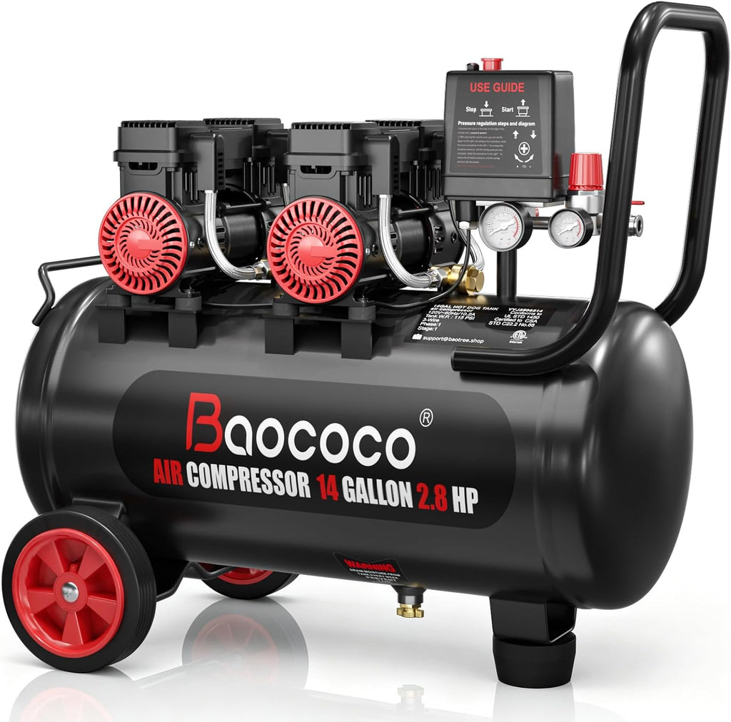 14Gallon Ultra Quiet Air Compressor with Two Quick Couplers 2.8HP