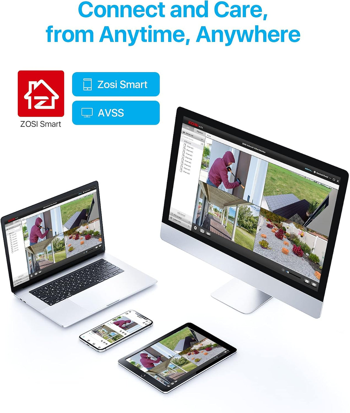 zosi 3k lite 8ch security camera system, 4x on a desk or shelf