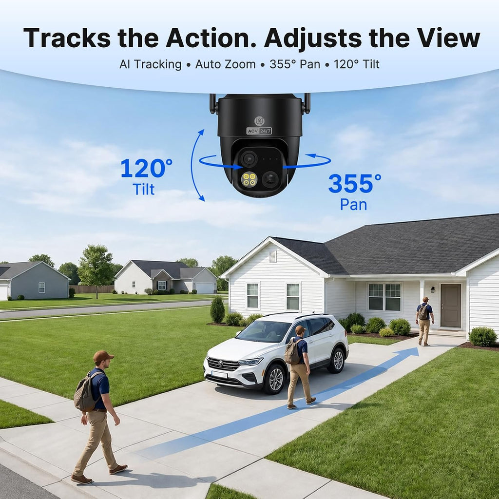 mubview dual-lens solar security camera, 4k pan tilt on a desk or shelf