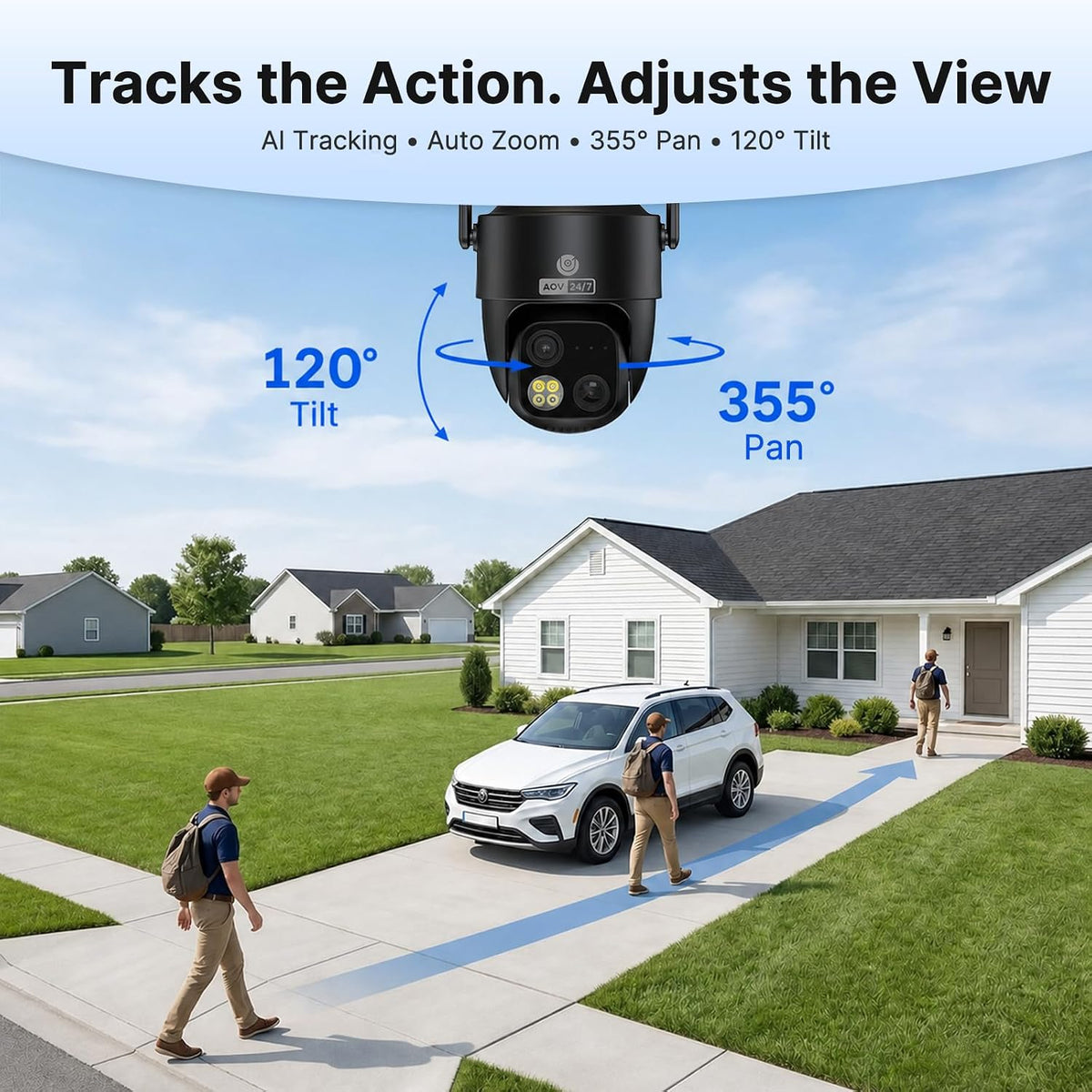 mubview dual-lens solar security camera, 4k pan tilt on a desk or shelf