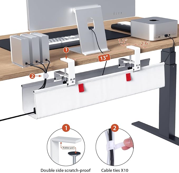 Univivi No Drill Under Desk Cable Management Tray, Clamp/Screw Mount Desk Cable