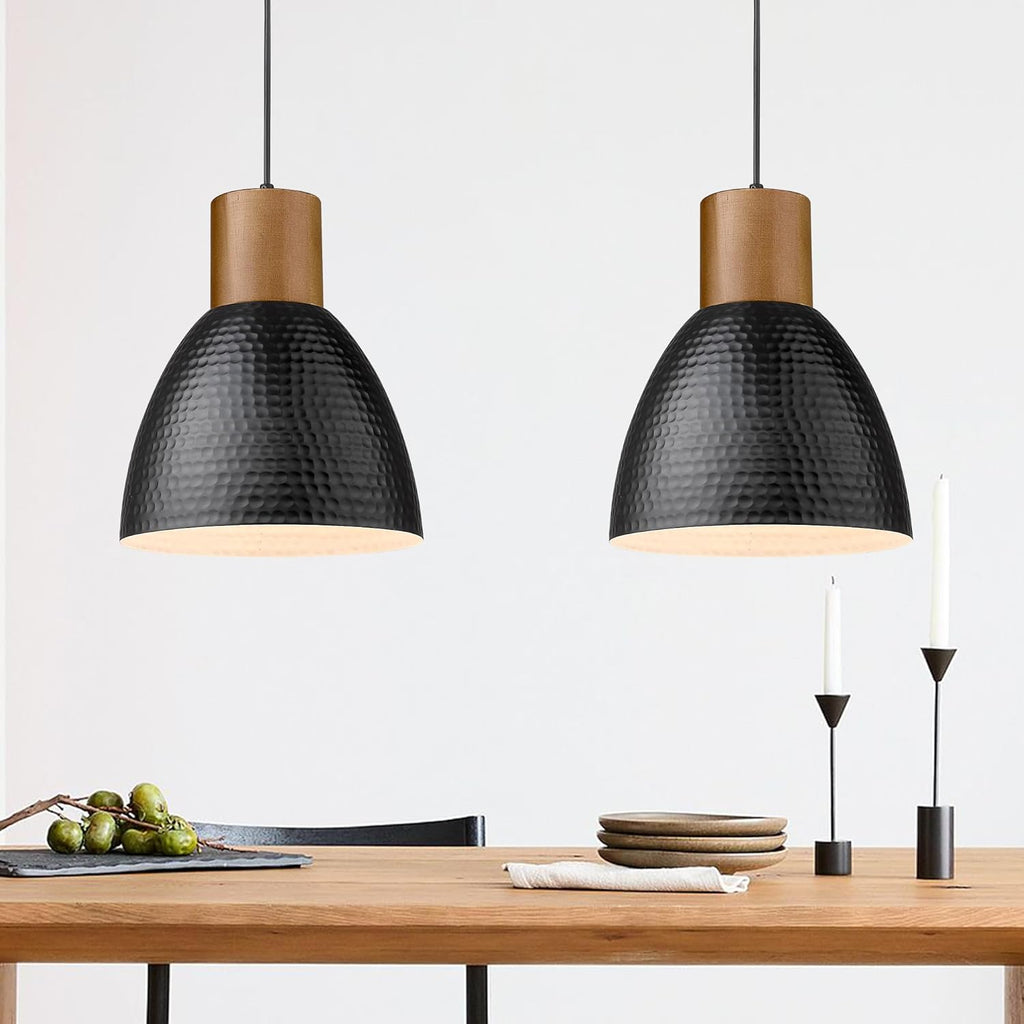 ELYONA 2 Pack Hammered Pendant Lights, 10.2” Industrial Metal Solid Wood Hanging Lamp, Modern Island Pendant Light Fixtures for Kitchen Bar, Farmhouse Dining Room, Bedroom, Living Room, Office, Black