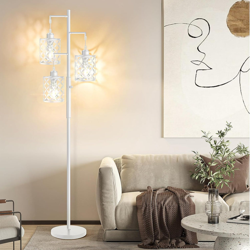 Dimmable Floor Lamp, Farmhouse Standing Lamp with Elegant Metal Cage, Industrial Tall Tree Floor Lamps for Living Room Bedroom Study Room Office, 3 x 800LM LED Bulbs Included - 68", White