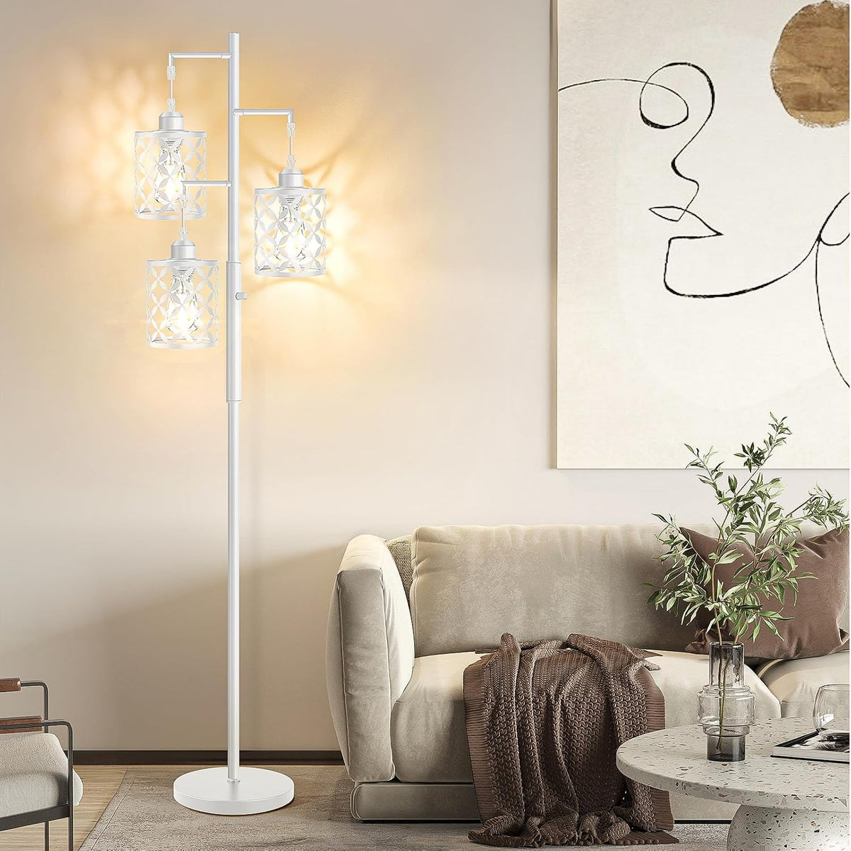 Dimmable Floor Lamp, Farmhouse Standing Lamp with Elegant Metal Cage, Industrial Tall Tree Floor Lamps for Living Room Bedroom Study Room Office, 3 x 800LM LED Bulbs Included - 68", White