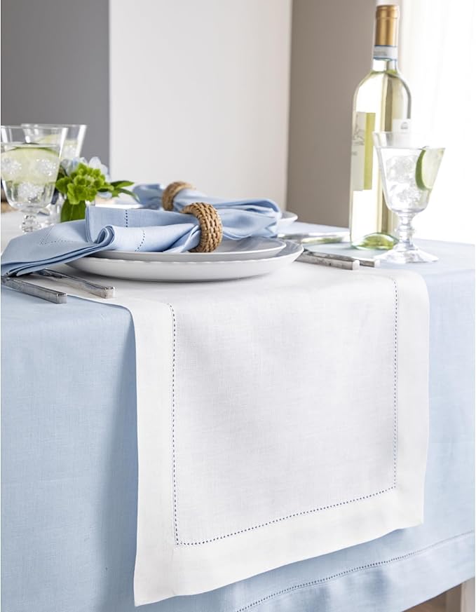 Solino Home Linen White Table Runner 60 Inches - Classic Hemstitch, 100% Pure Linen Coffee Table Runner 14 x 60 Inch Ideal for Dresser Tables - Fall, Halloween, Thanksgiving, Christmas, Holiday