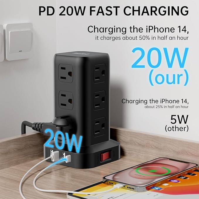 PD20W Surge Protector Power Strip Tower, 15FT Extension Cord