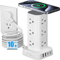 Tower Power Strip with 15W Wireless Charger, 10FT Flat Plug Extension Cord with