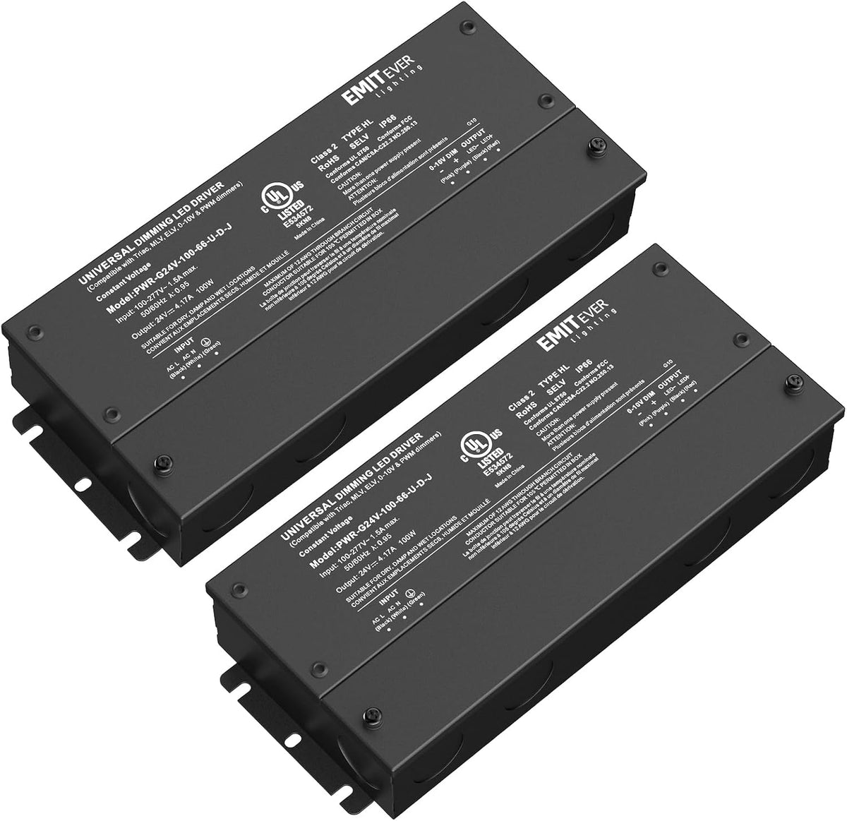 EMITEVER Dimmable Led Driver, 2 Packs 100W AC 110V-277V to DC 24V Transformer
