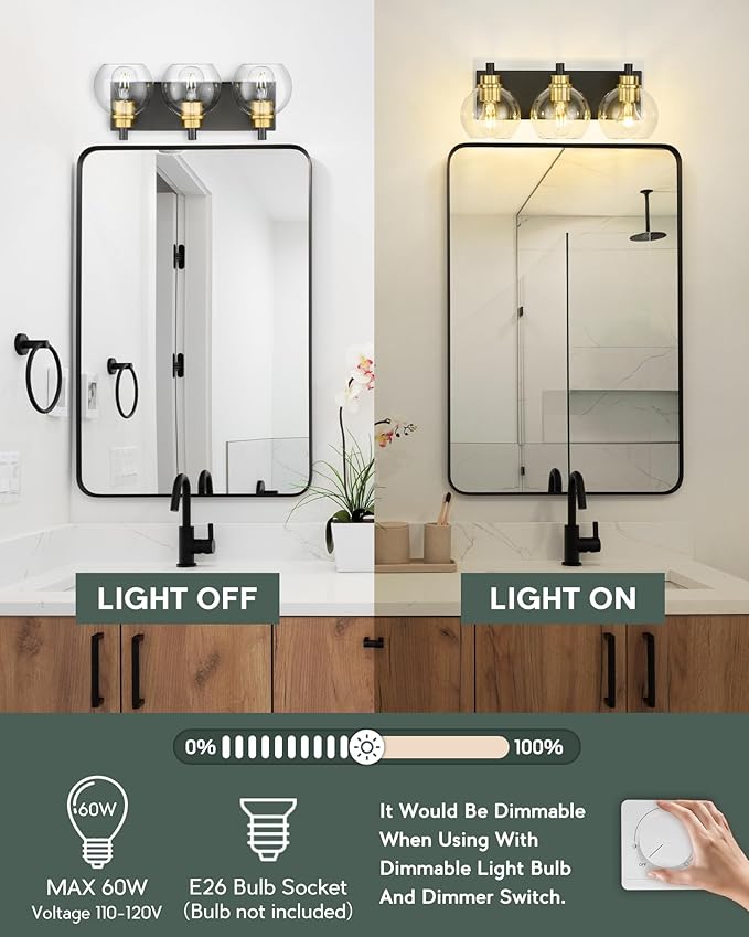 METWET Bathroom Light Fixtures, 3-Light Black and Gold Bathroom Vanity Light