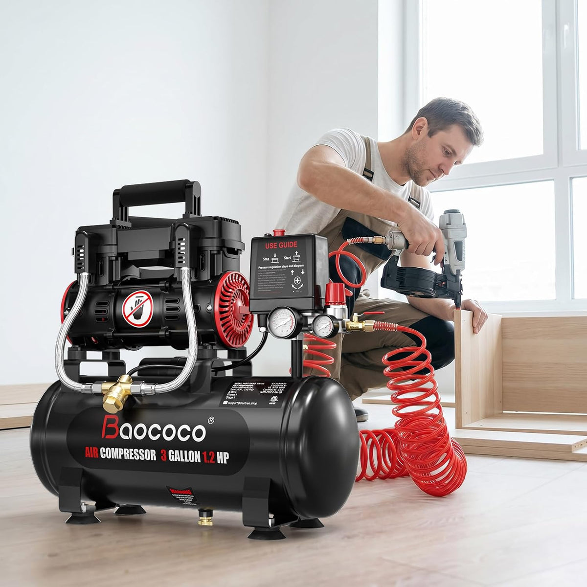 3Gallon Ultra Quiet Air Compressor with Two Quick Couplers 1.2HP MAX115PSI