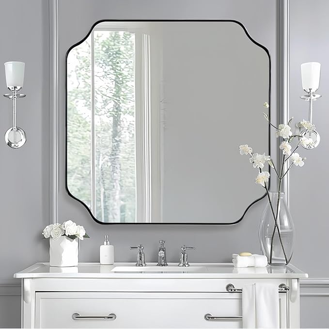 ANDY STAR 30"x30" Chrome Square Mirror, Polished Nickel Scalloped Bathroom
