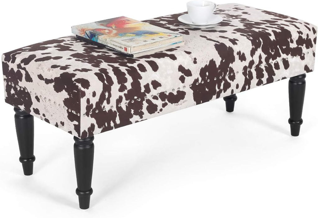 Homebeez 39.4" Cow Print Bench, Upholstered Bedroom Cowhide Bench, Western Bench Footstool with Wood Legs, for Entryway Dining Room Living Room Bedroom End of Bed (Brown Cow)