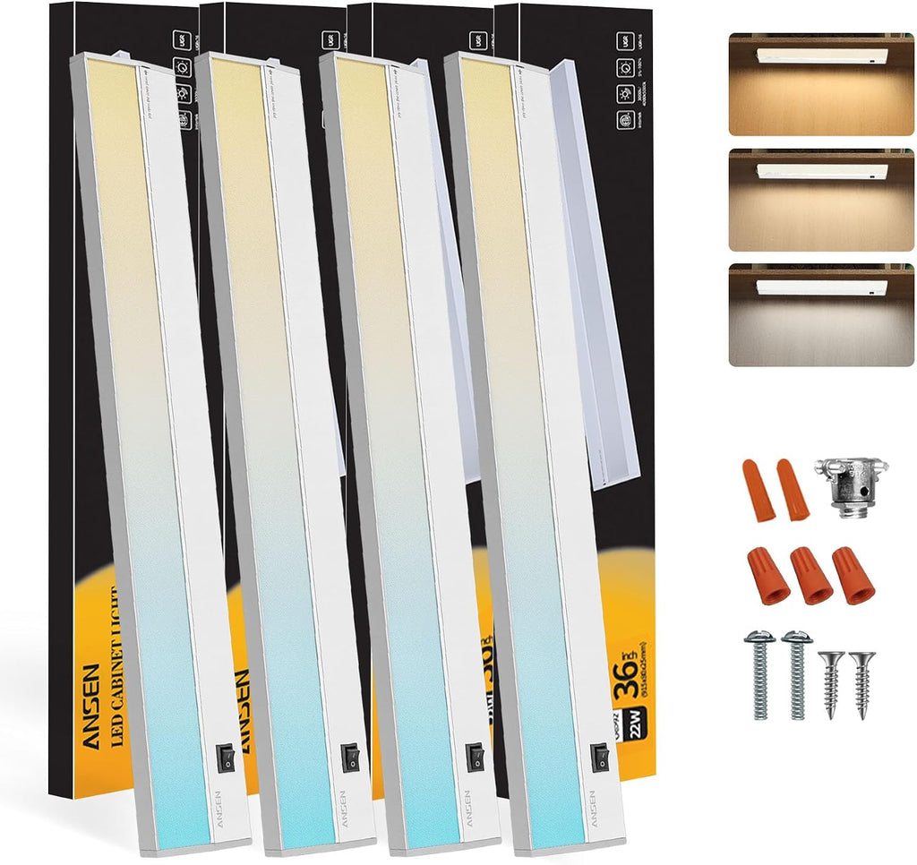 Ansen 4Packs of Under Cabinet Lighting Hardwired, 36IN 22W 1426LM, Dimmable Led