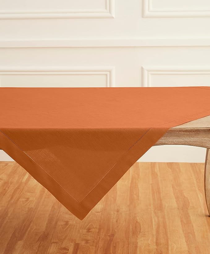 Solino Home Linen Square Tablecloth 52 x 52 Inch - 100% Pure Linen Pumpkin Table Throw - Classic Hemstitch, Machine Washable Table Cloth for Fall, Autumn, Halloween, Thanksgiving, Holiday