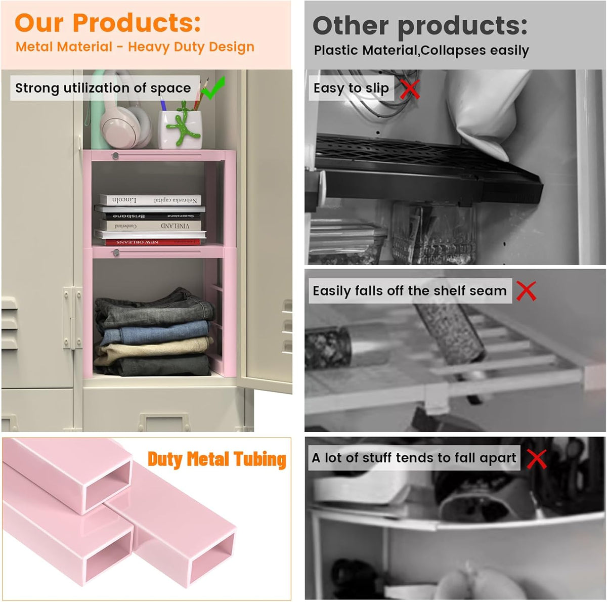 lidtop locker organizer shelf pink, metal adjustable width, side view