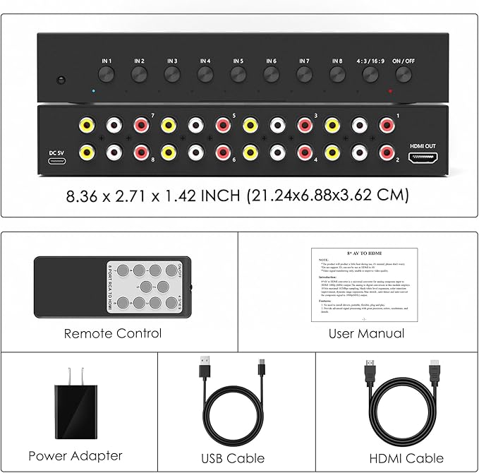 8 Port RCA to HDMI AV to HDMI Converter 1080P/720P 8 Way RCA Composite CVBS AV