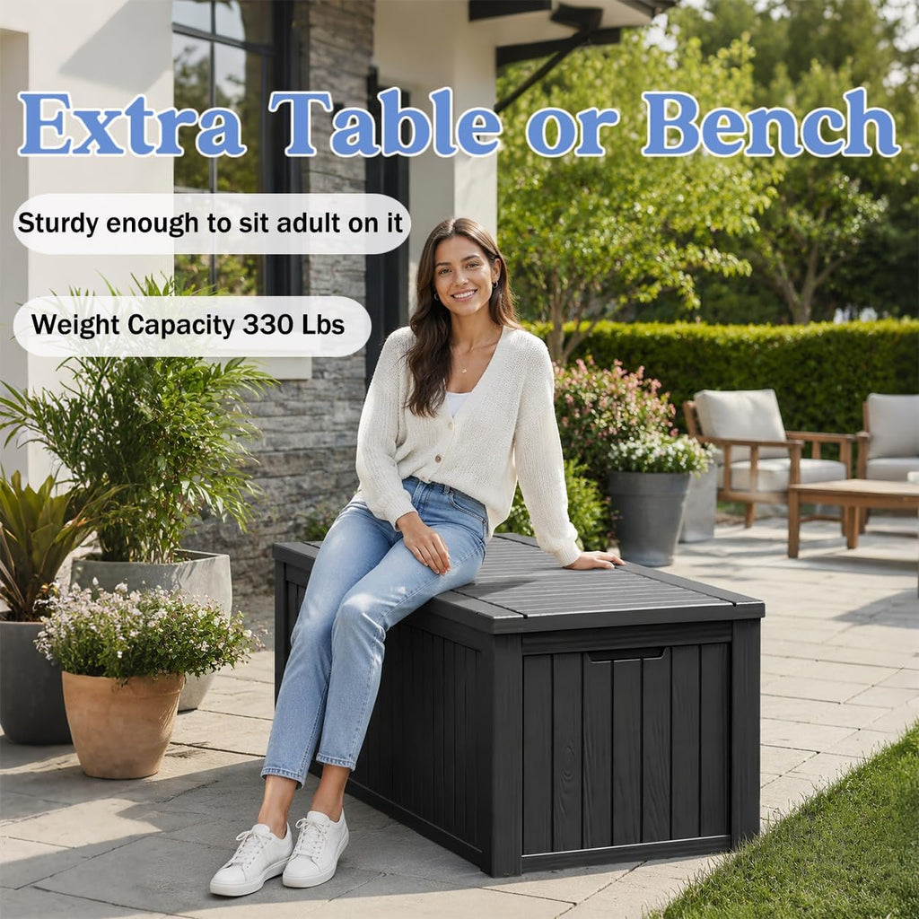 waterproof outdoor storage box, resin patio organizer,200 gal,black shown in use