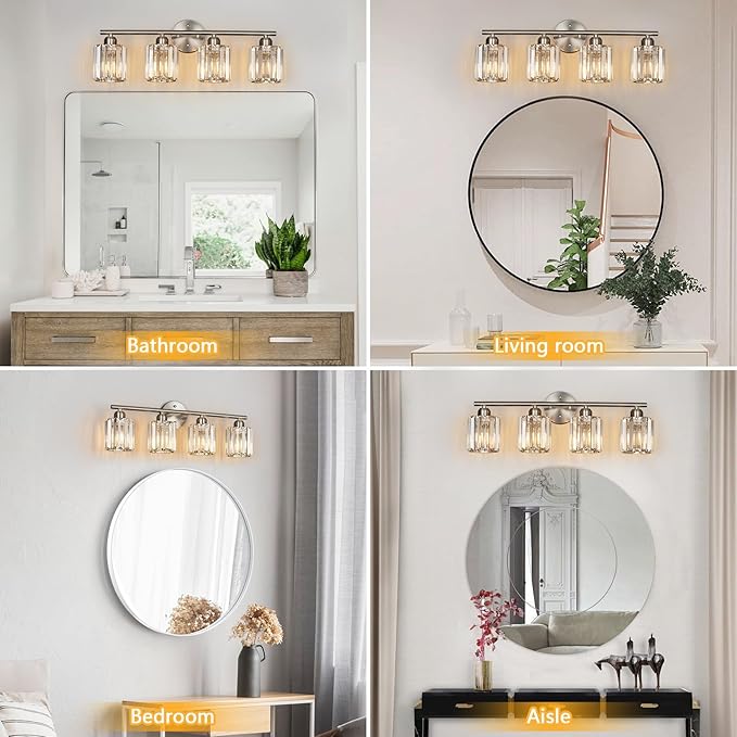 FDPBY Modern 4 Light Crystal Vanity Light, Brushed Nickel Vertical Bathroom